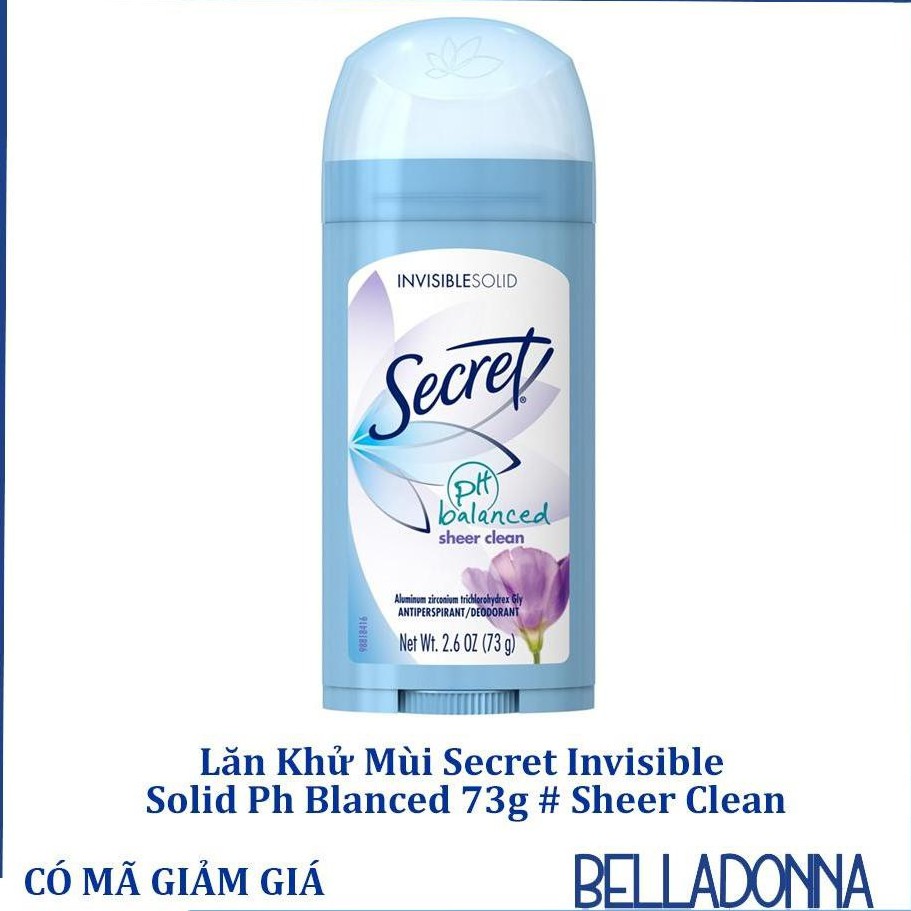 Lăn Khử Mùi Secret PH Balanced Sheer Clean Invisible Solid 73g chính hãng Mỹ, lăn dạng sáp dành cho nữ