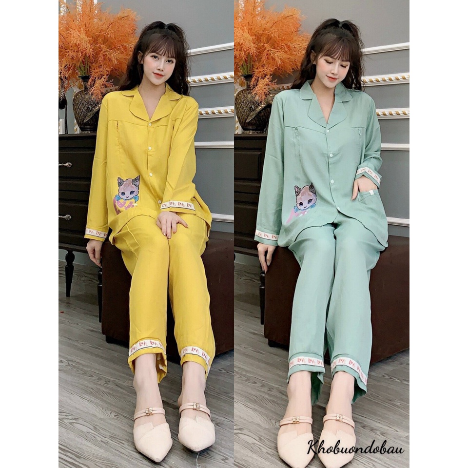 Bộ Đồ Bầu và Sau Sinh Thu Đông chất vải Đũi mềm mịn phối họa tiết mèo xinh xắn  BD945