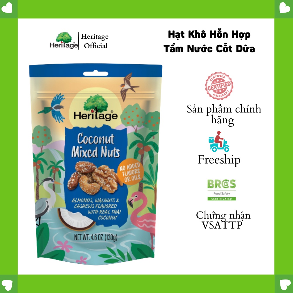 Hạt Hỗn Hợp : Hạnh Nhân, Hạt Điều , Óc Chó tẩm nước cốt dừa HERITAGE- Coconut Mixed Nuts