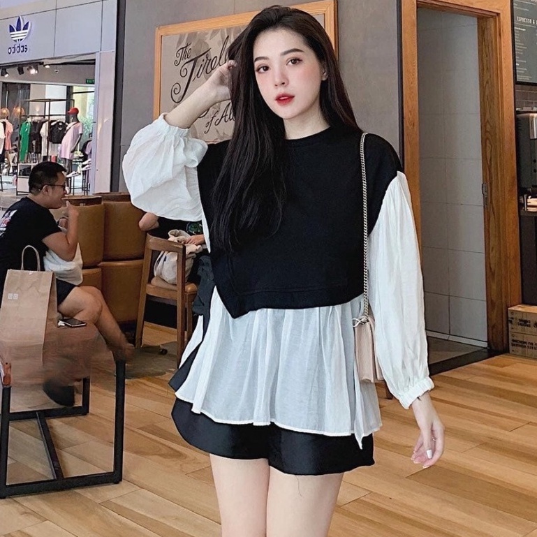 áo babydoll phối màu nơ eo
