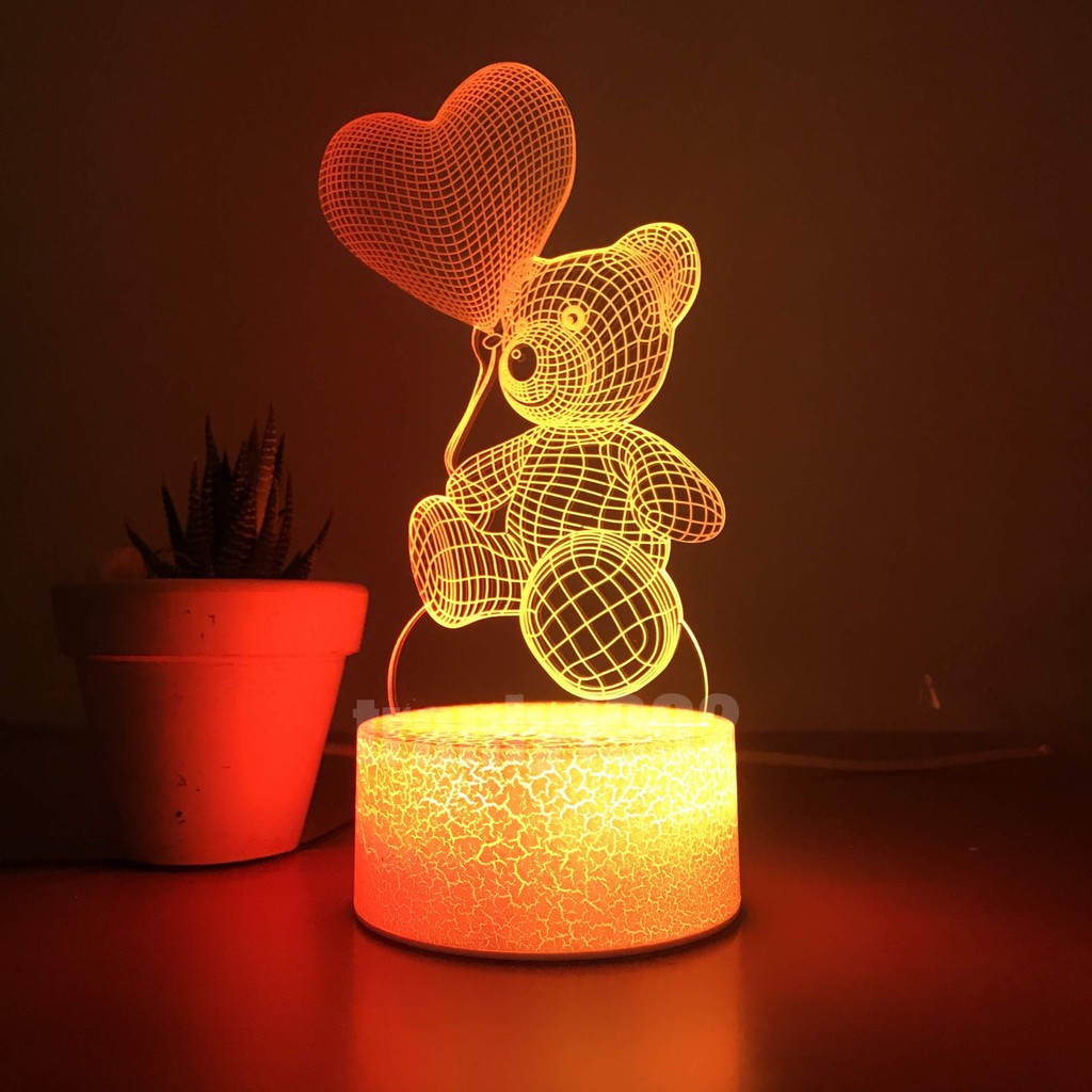 Đèn ngủ 3D GẤU TIM BAY, đèn trang trí, quà tặng sinh nhật ý nghĩa