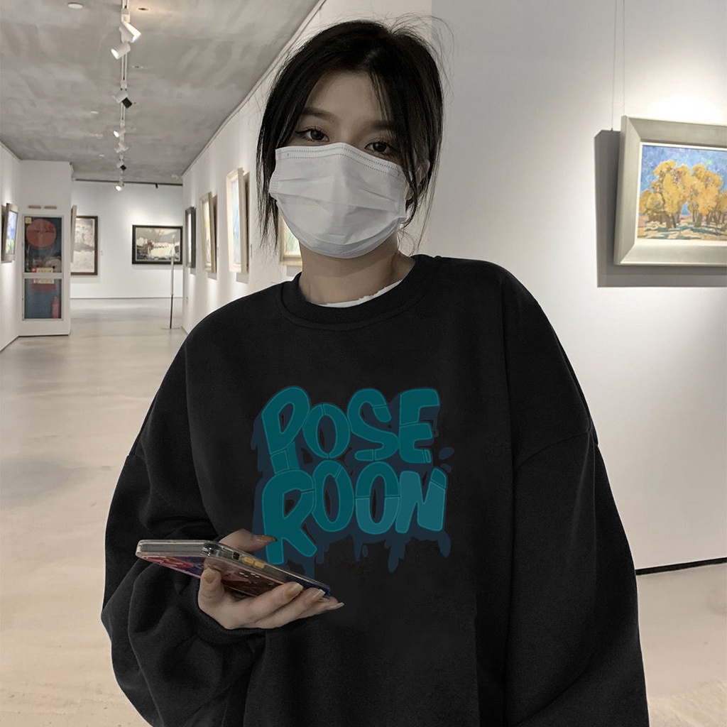 Áo Sweater Cotton Mỏng Cổ Tròn Dáng Rộng Màu Đen Thời Trang Hàn Quốc 2022 Cho Nữ