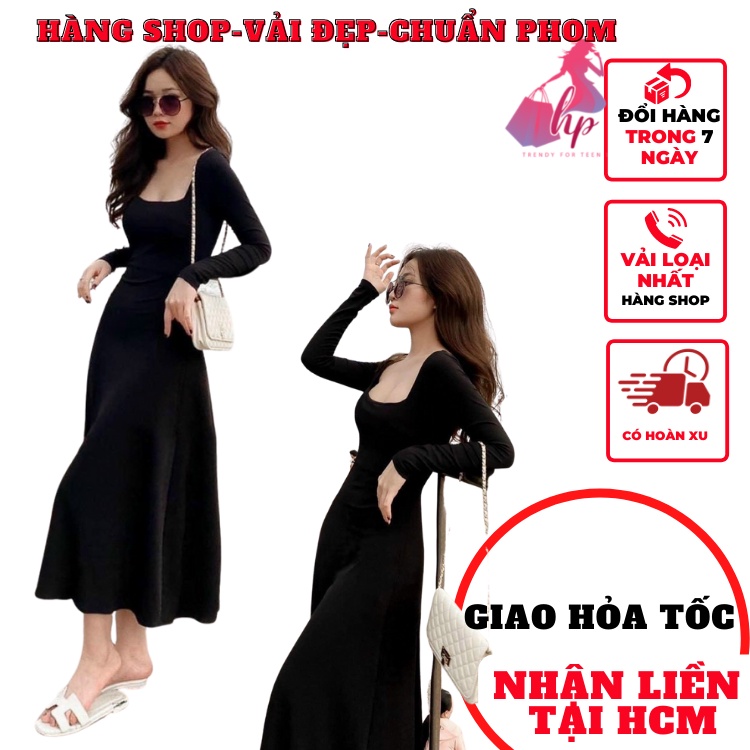 Váy đầm maxi dài nữ ôm body dáng xòe cổ vuông tay dài thun gân xịn thời trang dự tiệc sexy phong cách hàn -VD210
