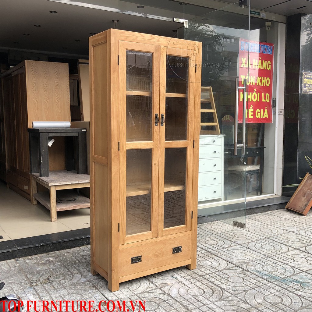 Tủ trưng bày gỗ sồi 2 cánh kính 1 ngăn kéo TOP-1377