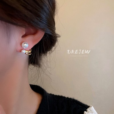 DREJEW Khuyên tai bạc 925 hình chữ C đính ngọc trai phong cách Hàn Quốc đơn giản thời trang