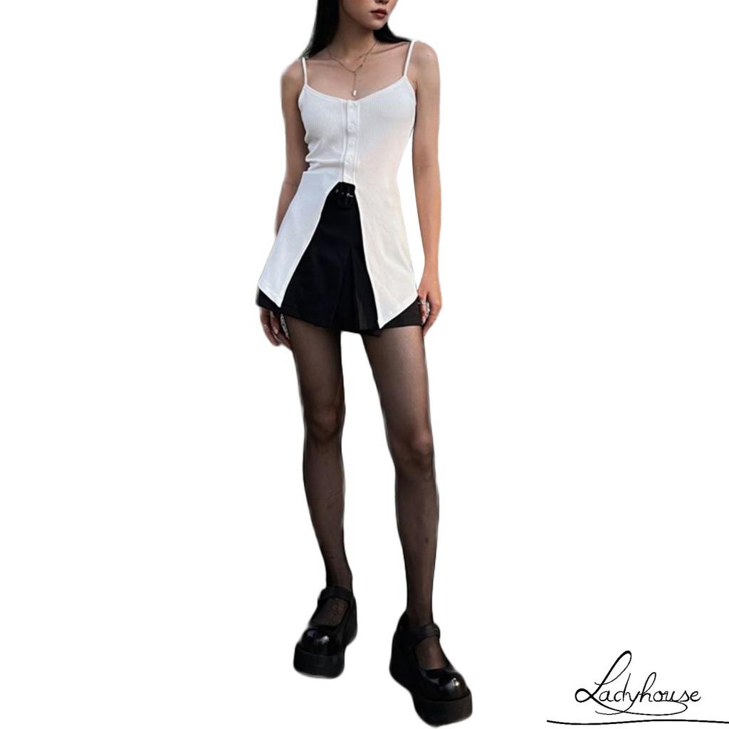 Áo Hai Dây Không Tay Màu Trơn Xẻ Tà Trước Phối Nút Cho Nữ