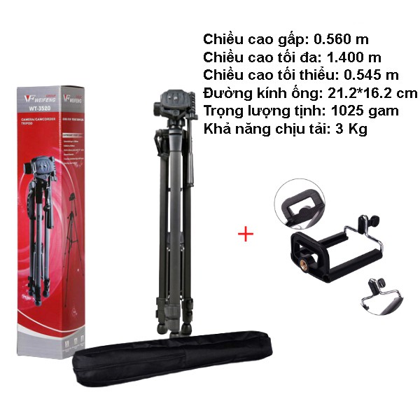 Tripod chân máy ảnh Weifeng WT-3520, khung nhôm cao cấp, cao 1.4m chịu tải 3kg, có túi đeo. Tặng kèm kẹp điện thoại