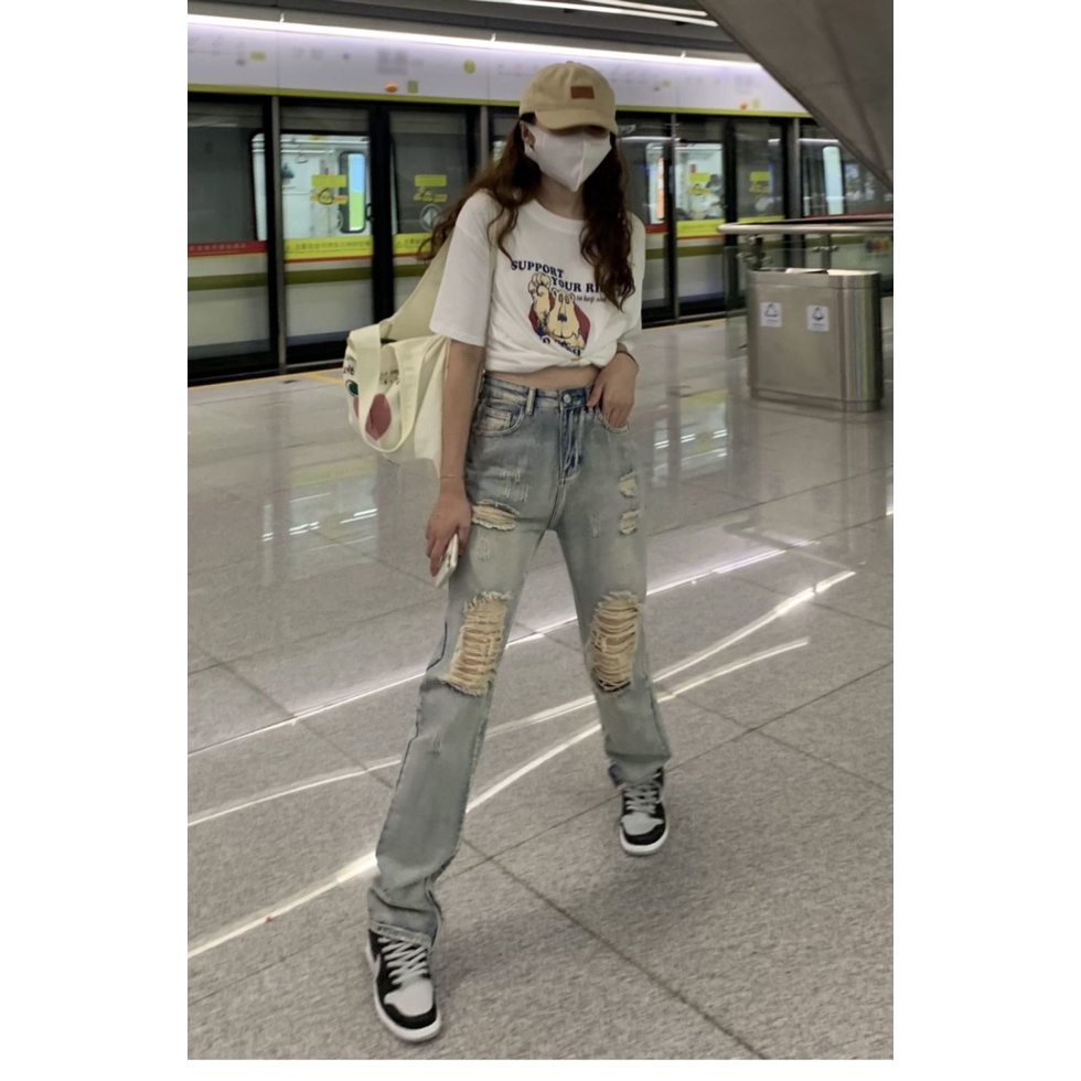 Quần jeans Nữ Dài Lưng Cao Mài Rách Thời Trang Hàn