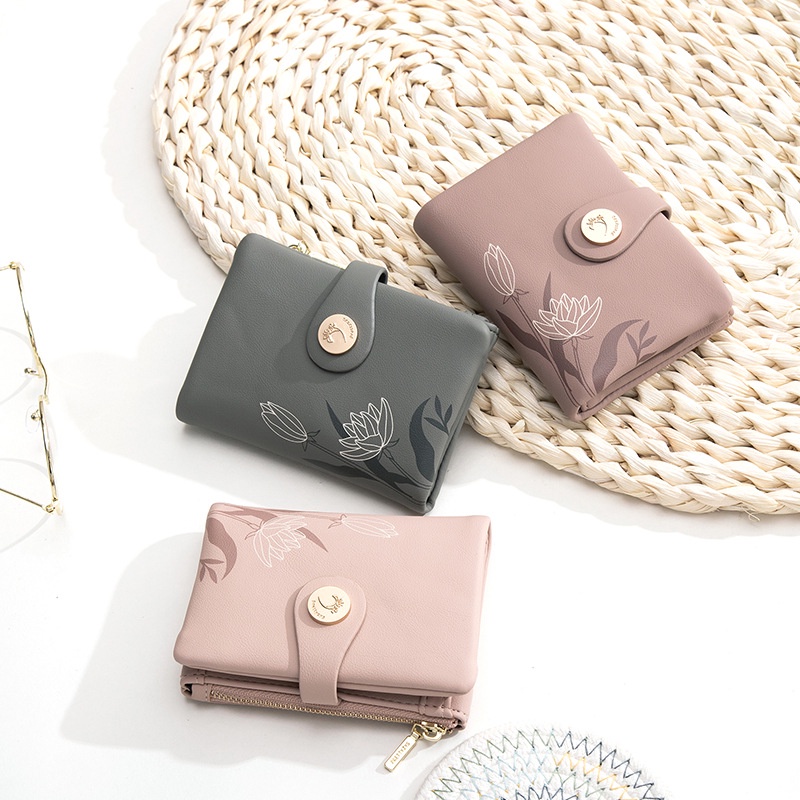 Ví/ Bóp Ngắn Cầm Tay Cho Nữ ERASHOP 079791 - Đựng Tiền/ Để Thẻ Hoa Súng Khóa Tròn Khắc Hoa, Nhiều Ngăn, Rẻ Đẹp