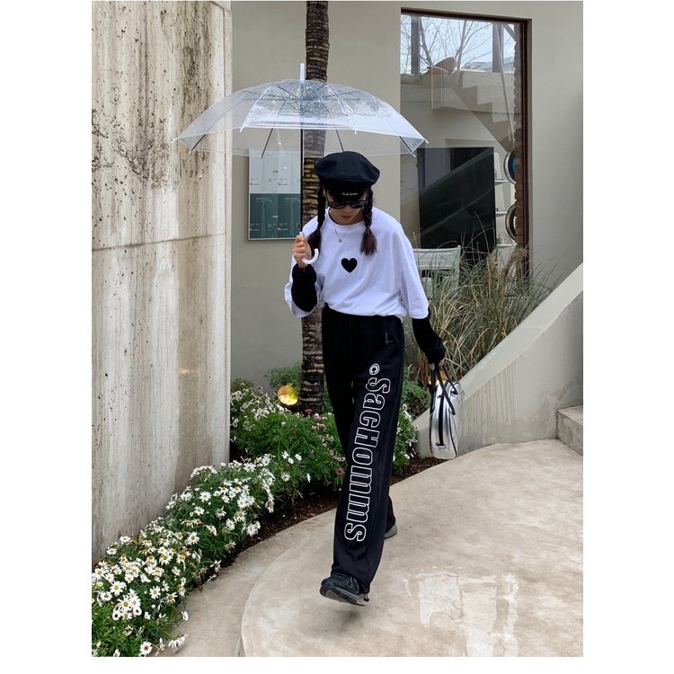 Quần thể thao cho nữ lưng cao ống rộng màu đen phong cách đường phố cổ điển