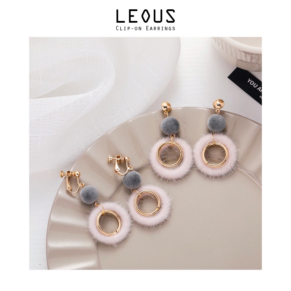 Khuyên tai kẹp không bấm lỗ chốt điều chỉnh K032 bằng hợp kim mạ vàng hình tròn gắn bông bigsize dáng dài Leous