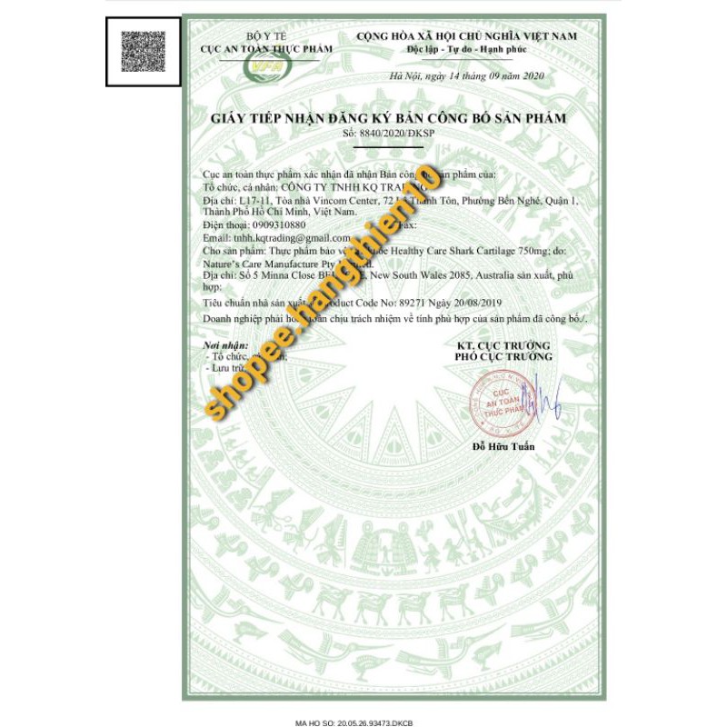 (Đủ bill) Sụn cá mập HealthyCare Shark Cartilage 750mg 200v