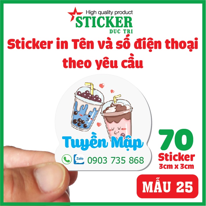 70 Sticker in tên và số điện thoại in theo yêu cầu. (sticker nhựa chống nước)