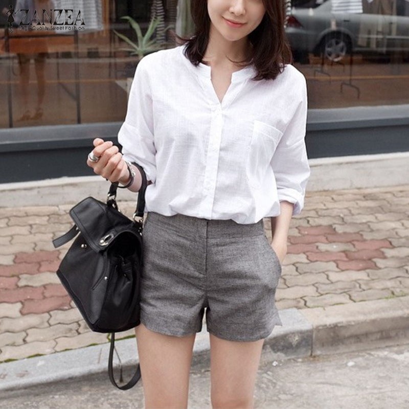 Áo sơ mi tay dài cổ chữ V màu trơn thời trang cho nữ