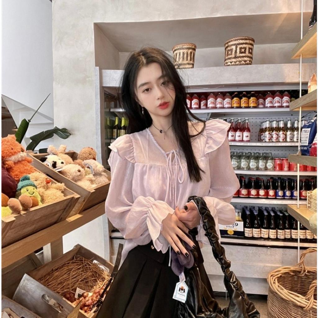 Áo Kiểu Tiểu thư cổ V thắt dây nơ nhún bèo vai phong cách VINTAGE tay dài