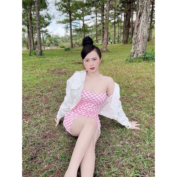 [FREESHIP] Đầm ôm body nữ form ngắn hai dây hoạ tiết caro bốn màu hot hit mùa hè