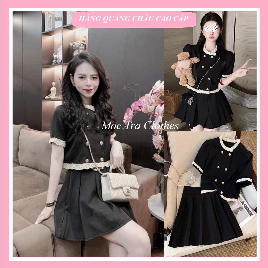 Set áo váy nữ Quảng Châu thiết kế phối viền ren siêu xinh, Set đồ nữ gồm áo sơ mi và chân váy xếp ly rẻ đẹp trẻ trung