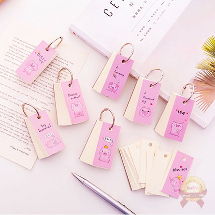 Flashcard 100 tờ học ngoại ngữ heo hồng kèm khoen | Thẻ học tiếng Anh Nhật Thái Hàn