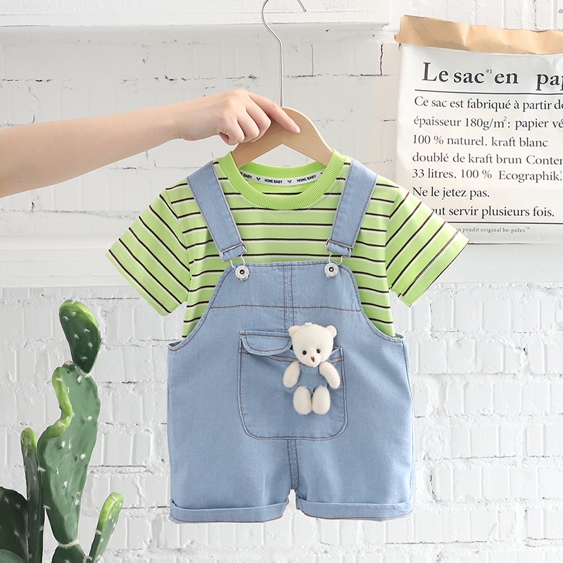 Set Đồ Mùa Hè 2022 2 Món Gồm Áo Hai Dây Kẻ Sọc + Quần Yếm Denim Thời Trang Cho Bé Trai / Gái