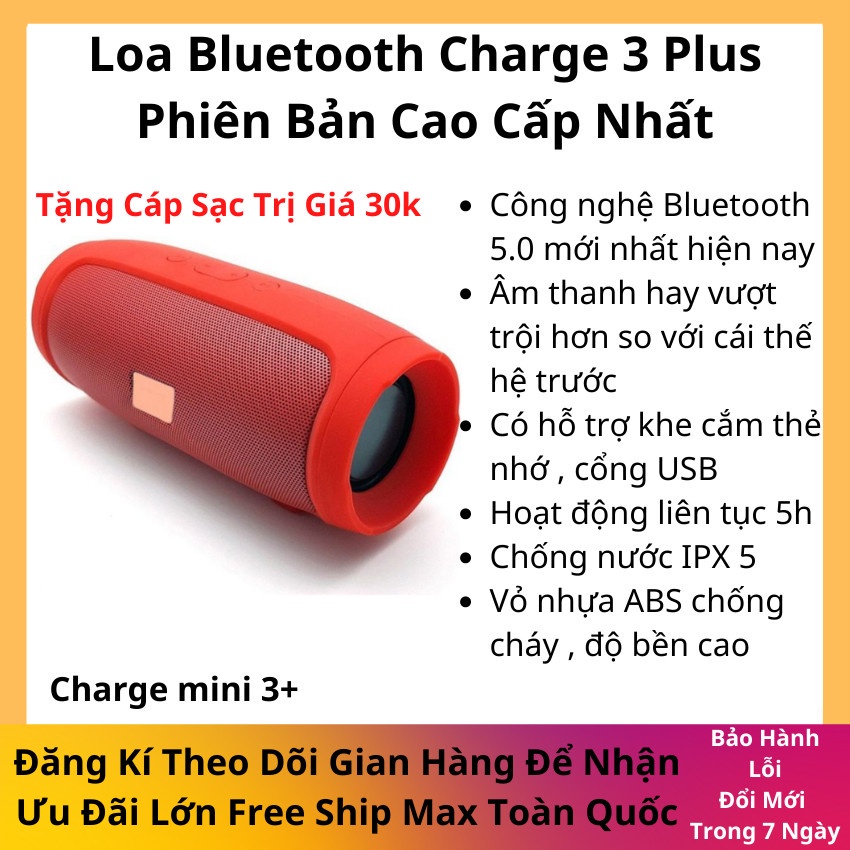 Loa Bluetooth Không Dây Charge 3 Mini Vỏ Nhôm Nghe Nhạc Hay Âm Thanh Chất Lượng Hỗ Trợ Cắm Thẻ Nhớ Và Usb