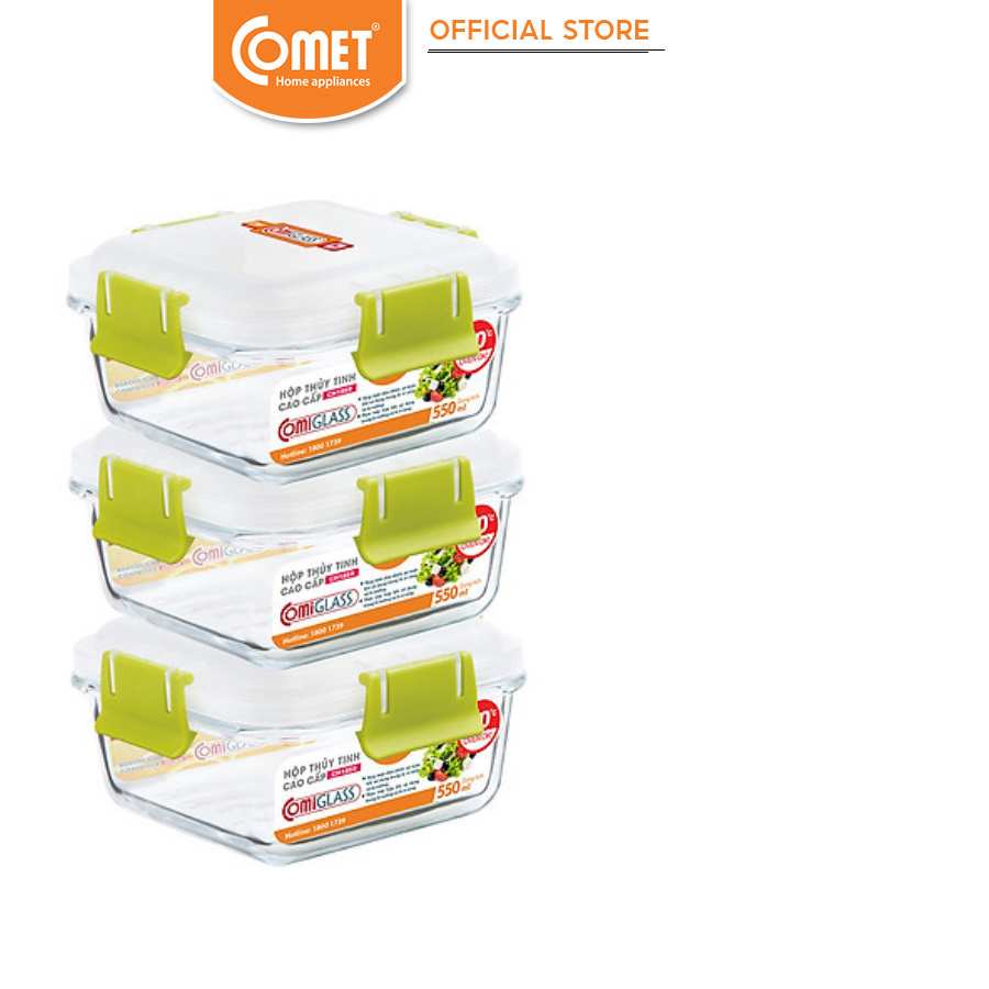[LIFEMC11M2ADP -12% đơn 250K] Combo 3 hộp thực phẩm thuỷ tinh Comet CH1859 - 550ml