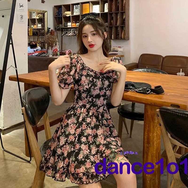 Đầm mini cổ vuông tay ngắn phồng eo cao thời trang mùa hè cho nữ