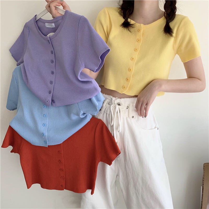 「HOME5」 Áo len croptop AimeiBeauty tay ngắn trẻ trung