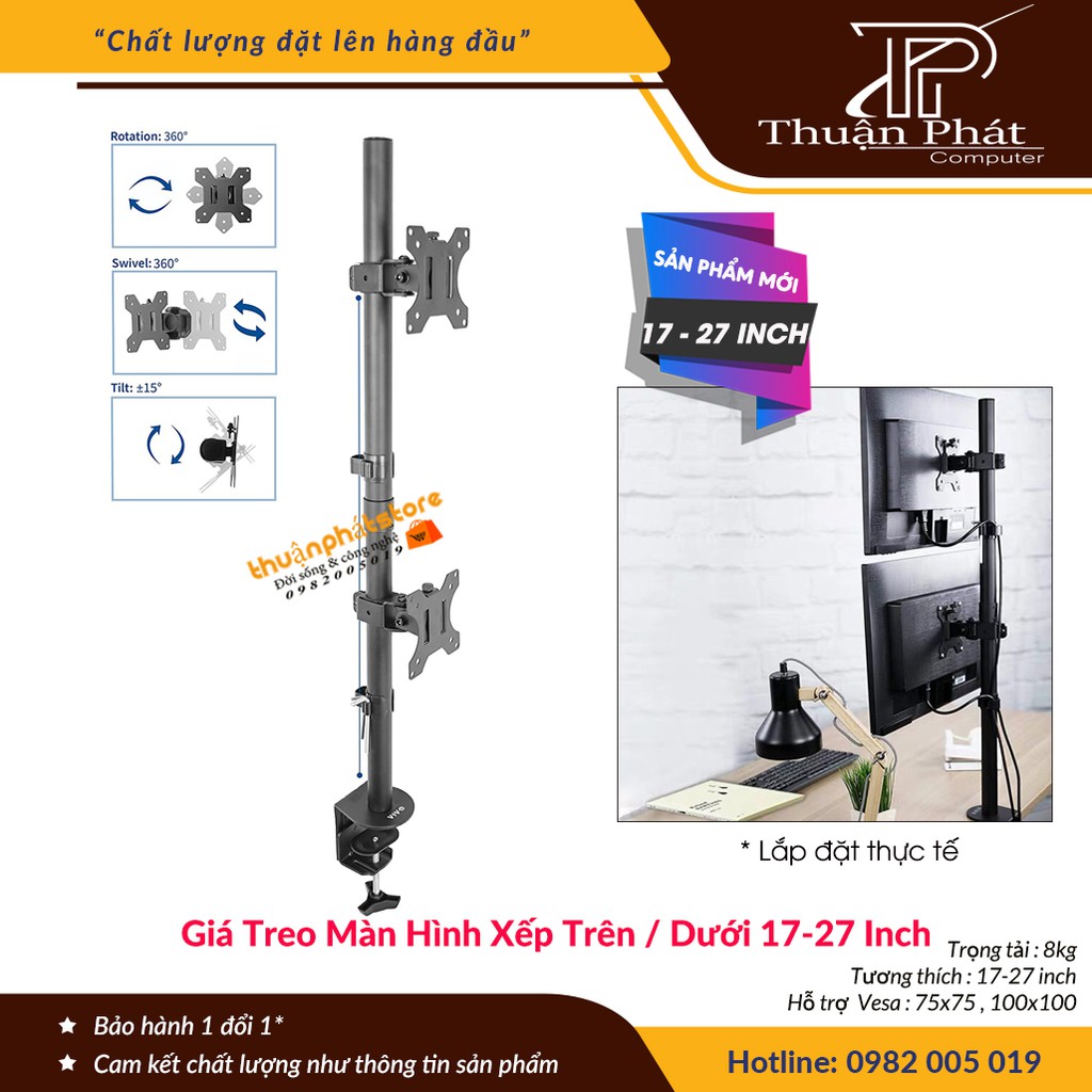 [Trụ 80Cm] Giá Treo Hai Màn Hình Kẹp Bàn 17 – 27 Inch Tay Treo Hai Màn Hình Máy Tính Xếp Màn Trên / Dưới - Xoay Màn 360°