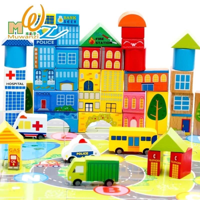Bộ xếp hình lăp ghép Thành phố 62 chi tiết bằng gỗ