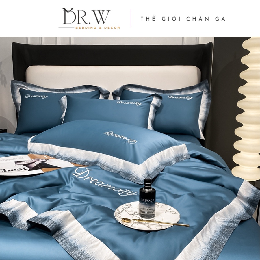 Bộ chăn ga gối nệm đệm set 4 món cotton lụa Dream City châu âu DR.W cao cấp bo chun drap giường - Thế Giới Chăn Ga