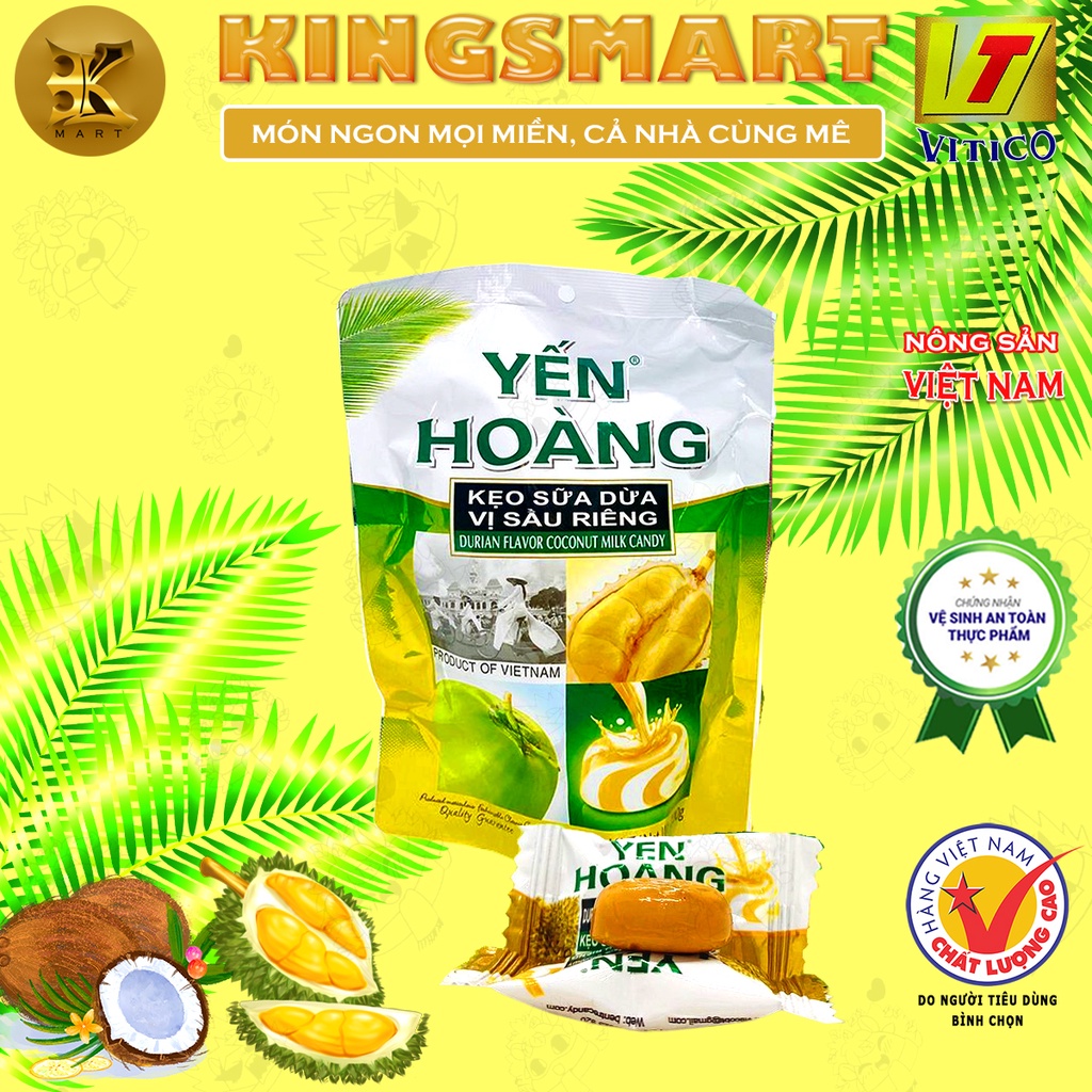 Kẹo Dừa Giòn Vị Sầu Riêng YẾN HOÀNG bịch 100G ăn không dính răng (Sản xuất bởi Cty VĨNH TIẾN)