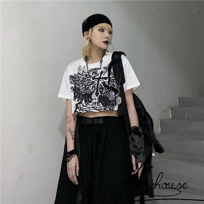 Áo thun tay ngắn cổ tròn in họa tiết màu trắng/đen thời trang mùa hè cho nữ