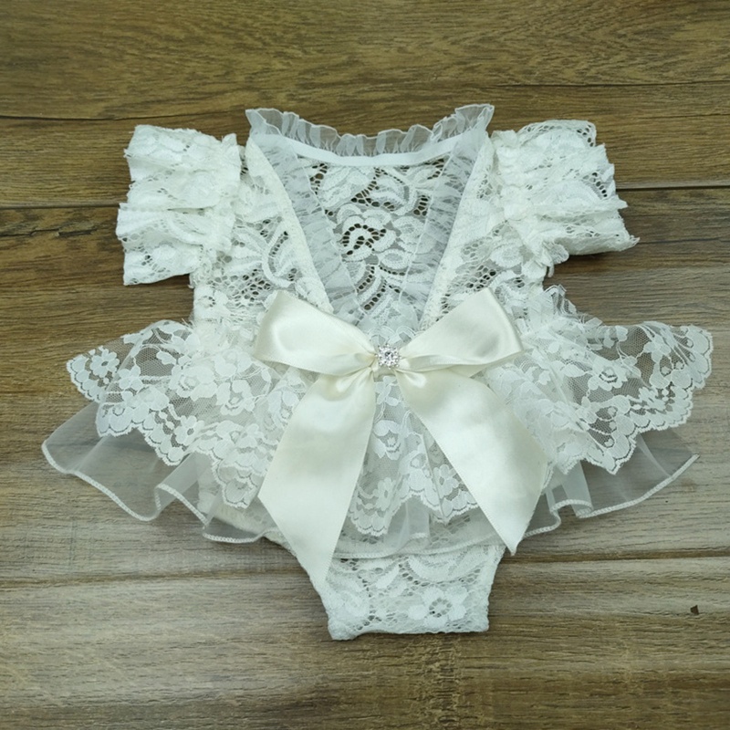 Bộ 2 Món Áo Liền Quần Phối Ren Đính Đá + Băng Đô Xinh Xắn Cho Bé Sơ Sinh