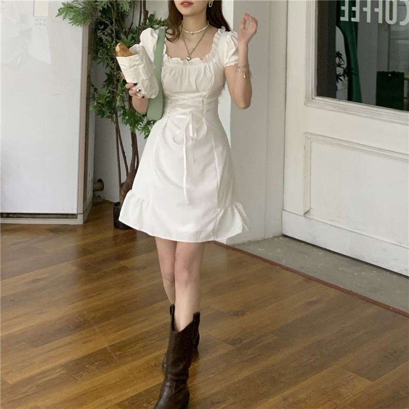 [Order] Váy trắng chiết eo, phong cách Hàn Quốc