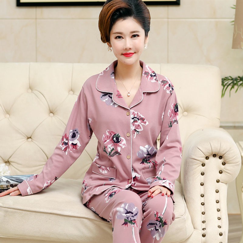 Đồ lót▫Bộ đồ ngủ dành cho người trung niên và cao tuổi cotton mùa thu bà mẹ plus size dài tay chồng phục vụ tại