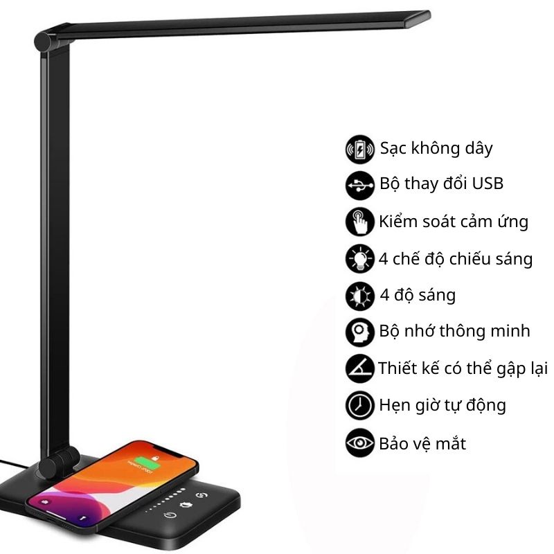 Đèn học để bàn đa năng chống cận thị - Đèn không dây kết hợp sạc điện thoại