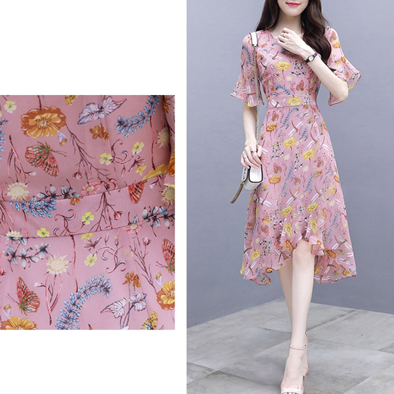 Đầm Midi Dáng Chữ A Tay Loe Cổ Chữ V In Họa Tiết Hoa Thời Trang Xinh Xắn Cho Nữ