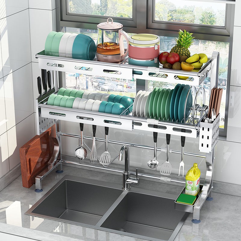 Đồ dùng nhà bếp & Phòng ăn₪✒₪Kệ bếp inox 304 giá đỡ bát đĩa dạng ống lồng phía trên bồn rửa thoát nước để đũa