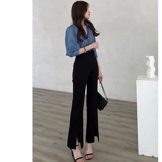 Quần ống loe xẻ tà gấu trước cạp cao tôn dáng màu đen chất vải tuyết mưa Quần tây ống loe lưng cao 1 nút siêu hack dáng