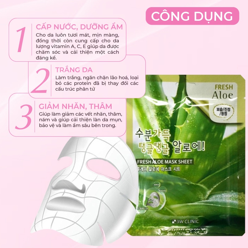 Combo 10 Túi mặt nạ giấy lô hội dưỡng ẩm dưỡng trắng da chiết xuất từ lô hội 3W Clinic Hàn Quốc 23mlx10