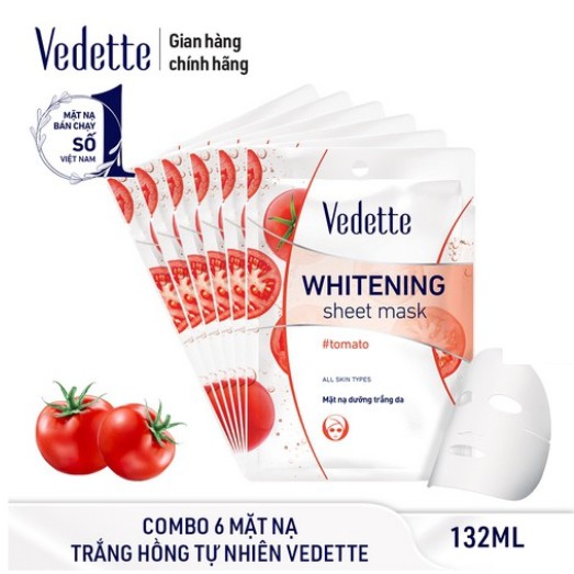 COMBO 6 MẶT NẠ GIẤY TRẮNG DA CÀ CHUA 22ml VEDETTE - TƯƠI TRẺ &amp; ĐỀU MÀU - TPMY035