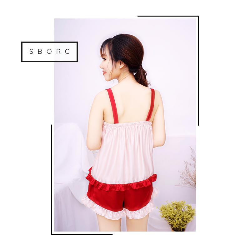 Đồ ngủ 2 dây SBORG đồ bộ mặc nhà chất lụa satin mềm mịn nơ vai viền bèo cute từ 45-64kg quà tặng vợ fly sun