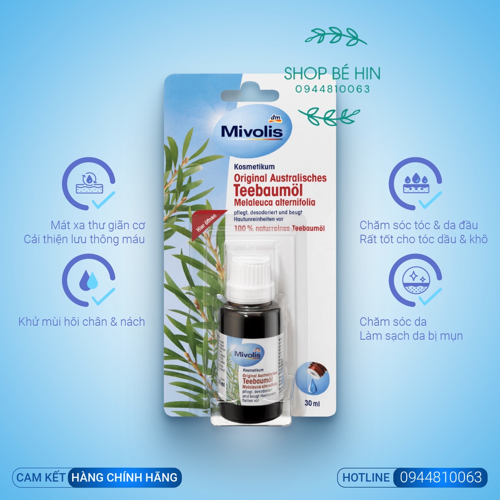 Tinh dầu tràm trà Mivolis Đức 30ml dưỡng da, làm sạch mụn và nhiều công dụng khác