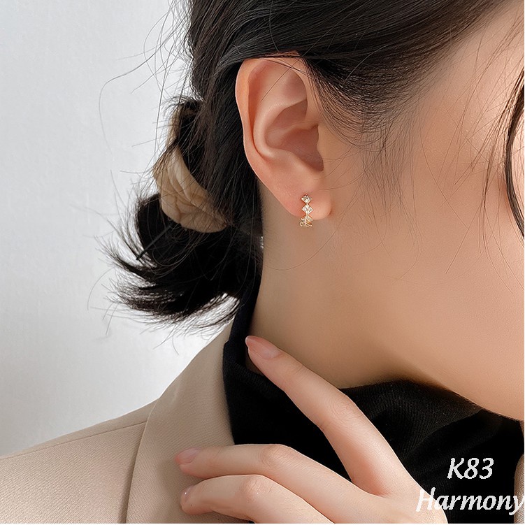 Khuyên tai tròn nữ bạc đính 3 đá nhỏ xi kim và mạ vàng Lina dễ thương | HARMONY ACCESSORIES K83
