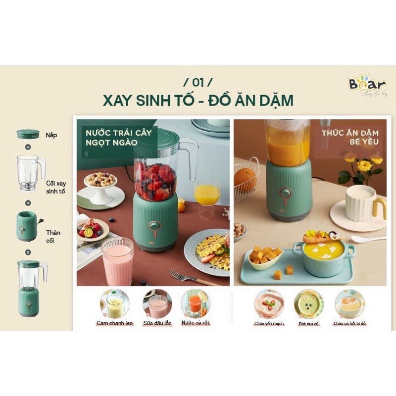 Máy xay sinh tố Bear 3 cối,máy xay đa năng,máy xay hạt,xay thịt cho bé ăn dặm[HÀNG CHÍNH HÃNG _BÀO HÀNH 18 THÁNG]