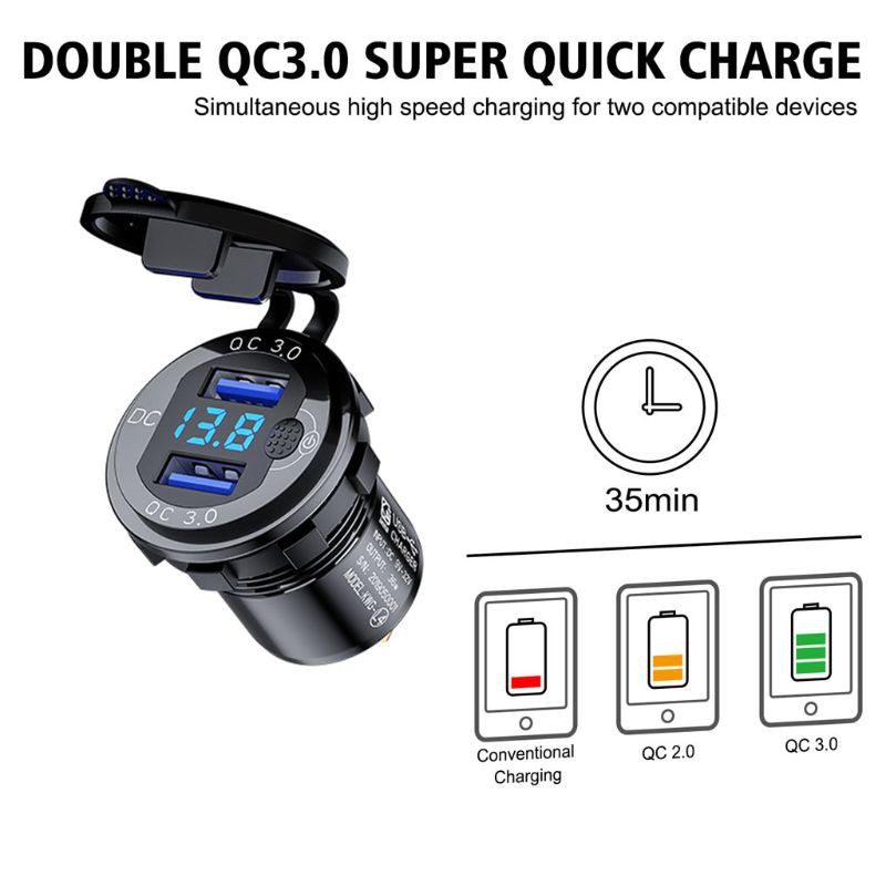 FUN Metal 12V 24V QC3.0 Dual USB Car Charger Fast Charge LED Voltmeter Switch Cable