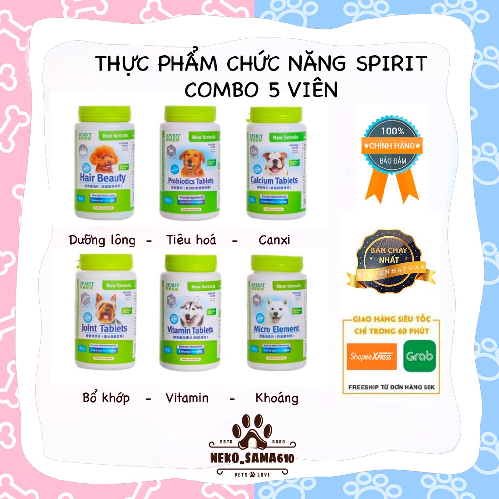 Combo 5 viên Canxi/Khoáng/Vitamin/Dưỡng lông Spirit cho chó mèo