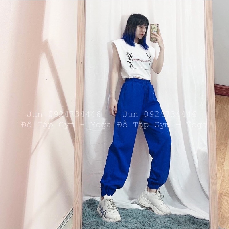 Quần jogger dù logo màu xanh coban tập gym zumba yoga