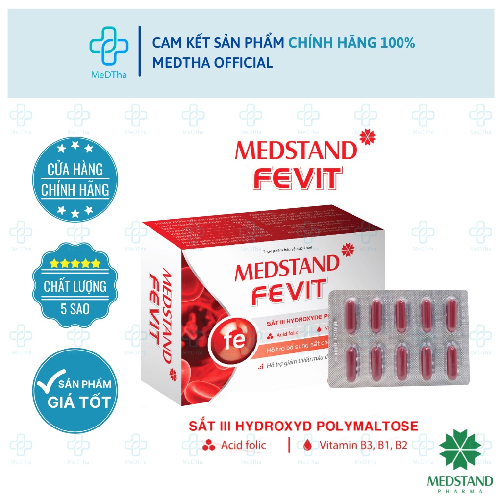 Medstand Fevit - Bổ sung sắt và Acid Folic cho bà bầu, viên bổ máu cho phụ nữ mang thai, sau sinh (Hộp 30 viên)