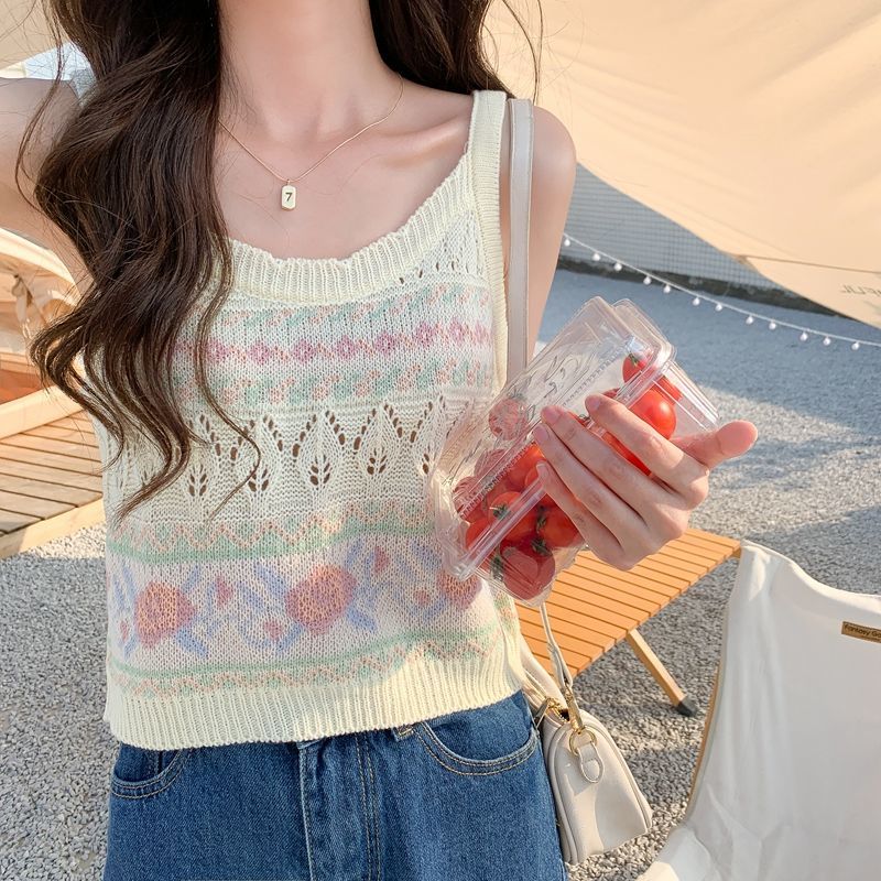 Áo Croptop Dệt Kim Không Tay Kiểu Retro Pháp Thời Trang Mùa Hè Cho Nữ